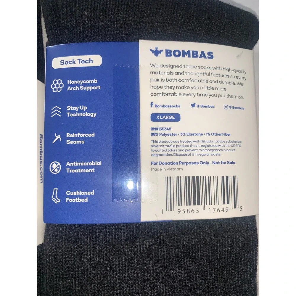 NEW 4 PAIRS Bombas Crew‎ Socks Black Grey Honeycomb Arch Support Mens